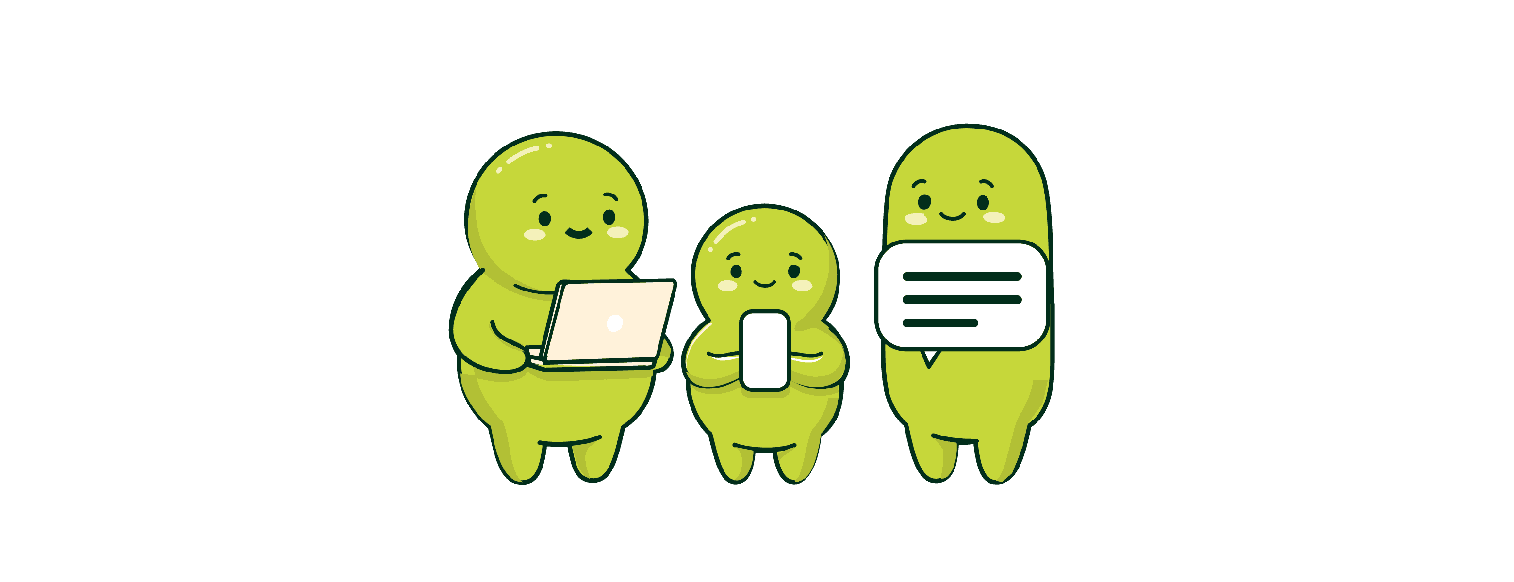 Personajes de Tuku con una laptop, un teléfono y un mensaje