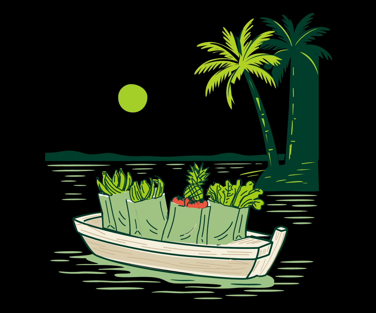 Bote cargado de mercado entre palmeras del Delta