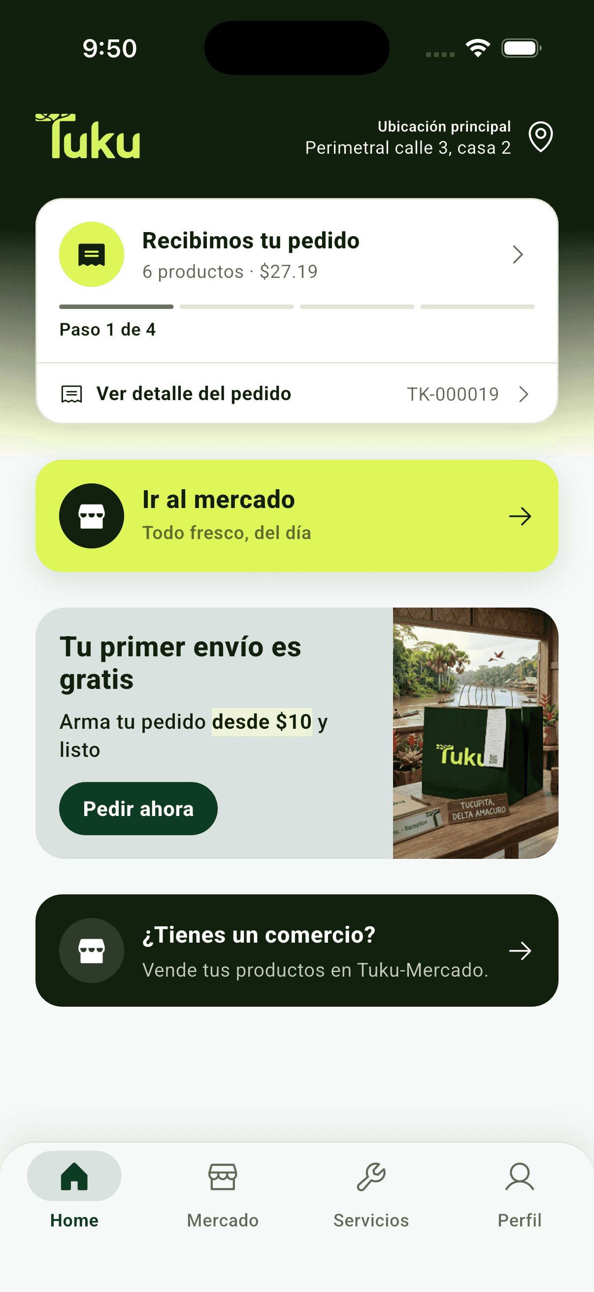 App de Tuku — pantalla de inicio